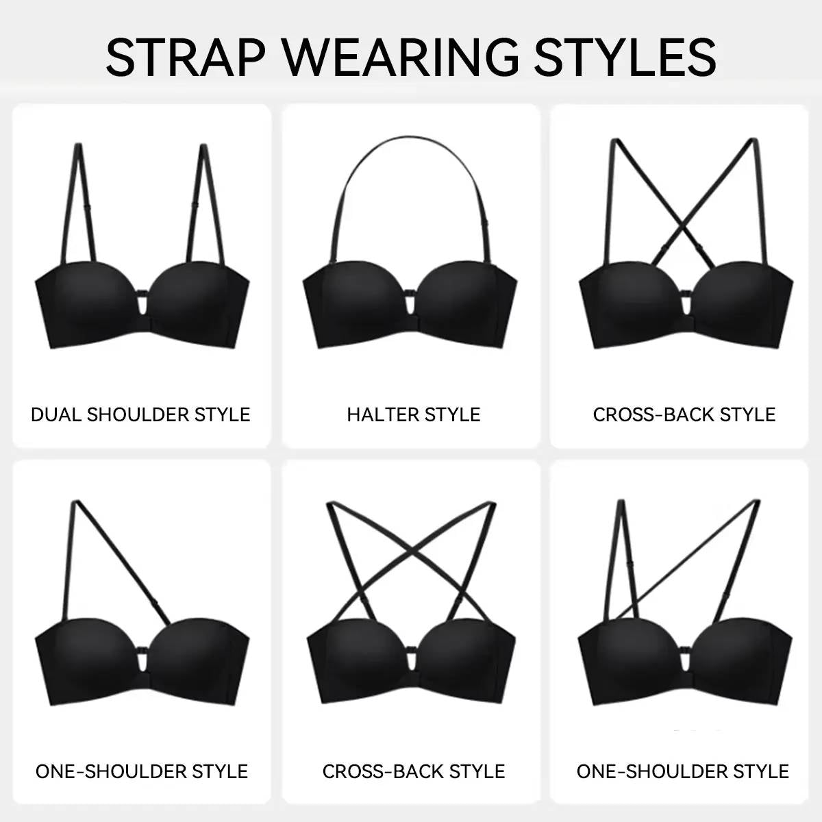 Womenโs Strapless Front-Fastening Bra & Pushing-Up Bra ๐ธ Padded ๐ Cup-Enhancing ๐ Non-slip design & Removable straps ๐ Suitable for all kinds of outfits ๐๏ธ Wire-free ๐ง Seamless