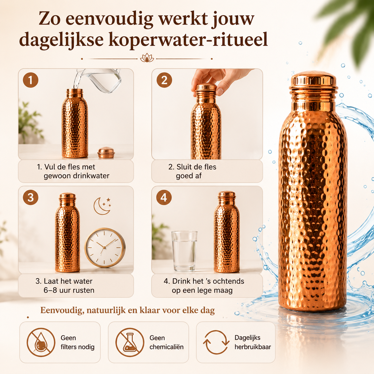 ❄️50% Korting!💧Premium Drinkfles van 100% Massief Koper – Plasticvrij en Geïnspireerd op Ayurveda