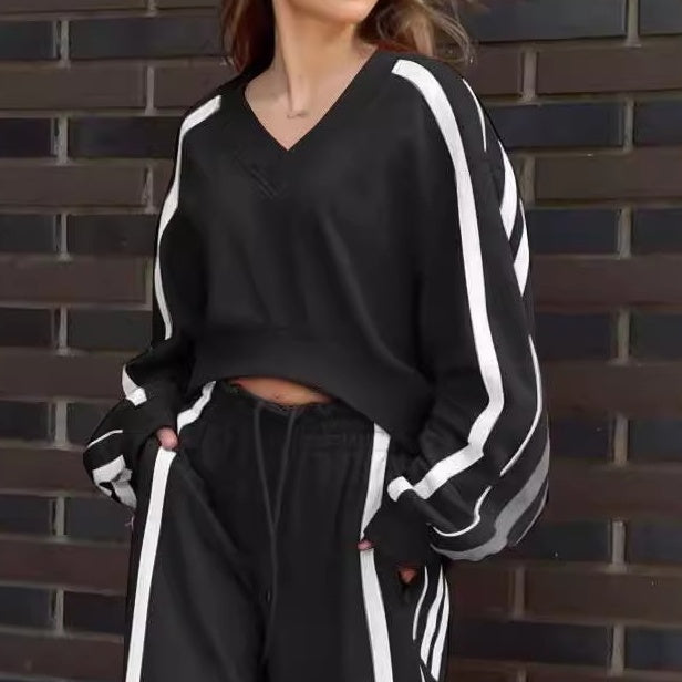 V-hals Sweatshirt & Broek met Wijde Pijpen 2-Delige Set