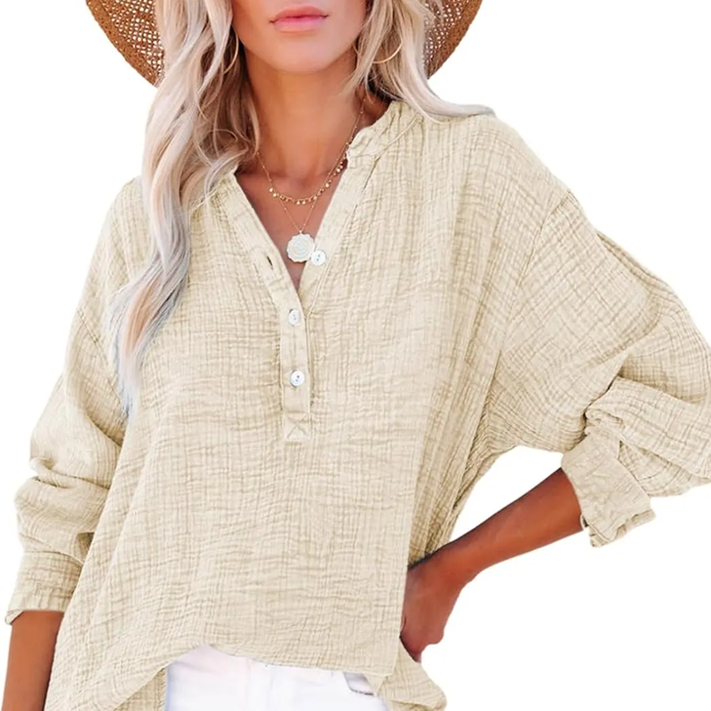 💖Beperkte Uitverkoop 60% UIT💖Women's Casual Gaas Knoop Hals Lange Mouw Blouse