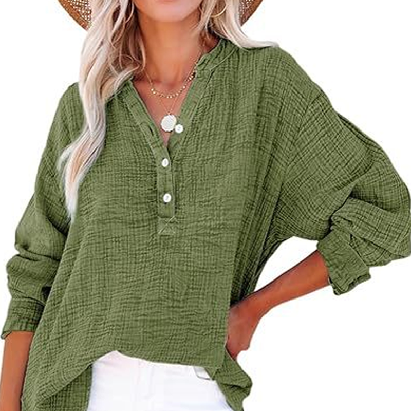 💖Beperkte Uitverkoop 60% UIT💖Women's Casual Gaas Knoop Hals Lange Mouw Blouse
