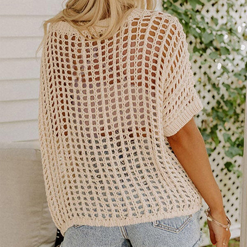 💥Prijs van de week special 💥Womens Summer Scoop Neck ShortSleeve Sweater Casual Crochet Hollow Out KnitTops