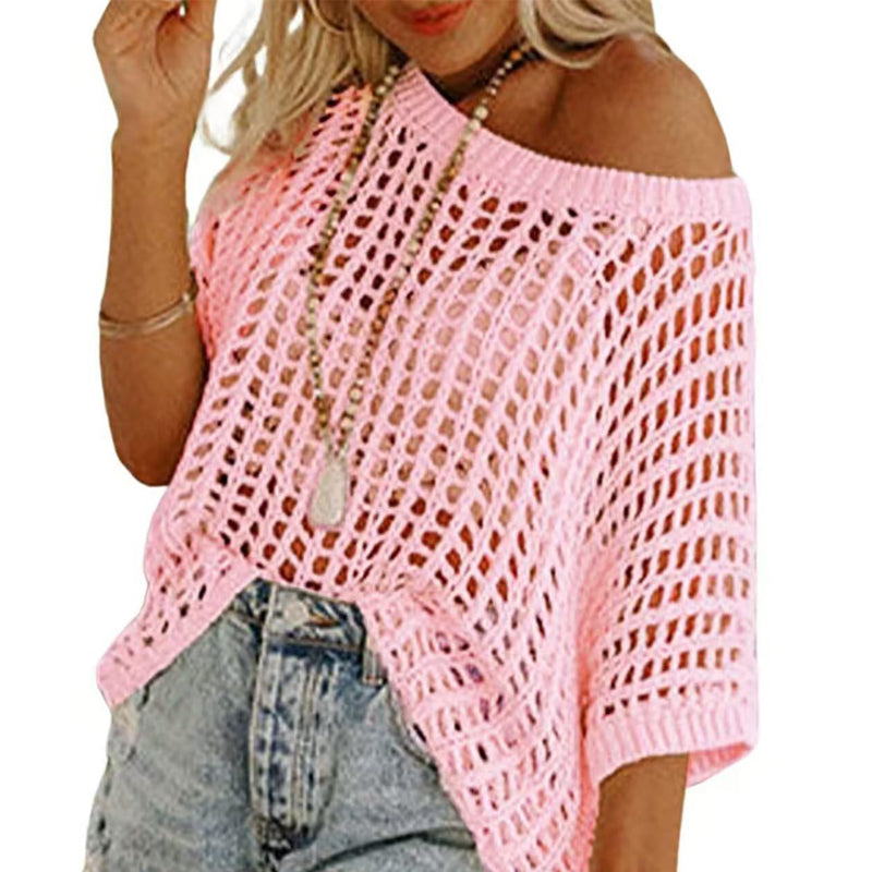 💥Prijs van de week special 💥Womens Summer Scoop Neck ShortSleeve Sweater Casual Crochet Hollow Out KnitTops