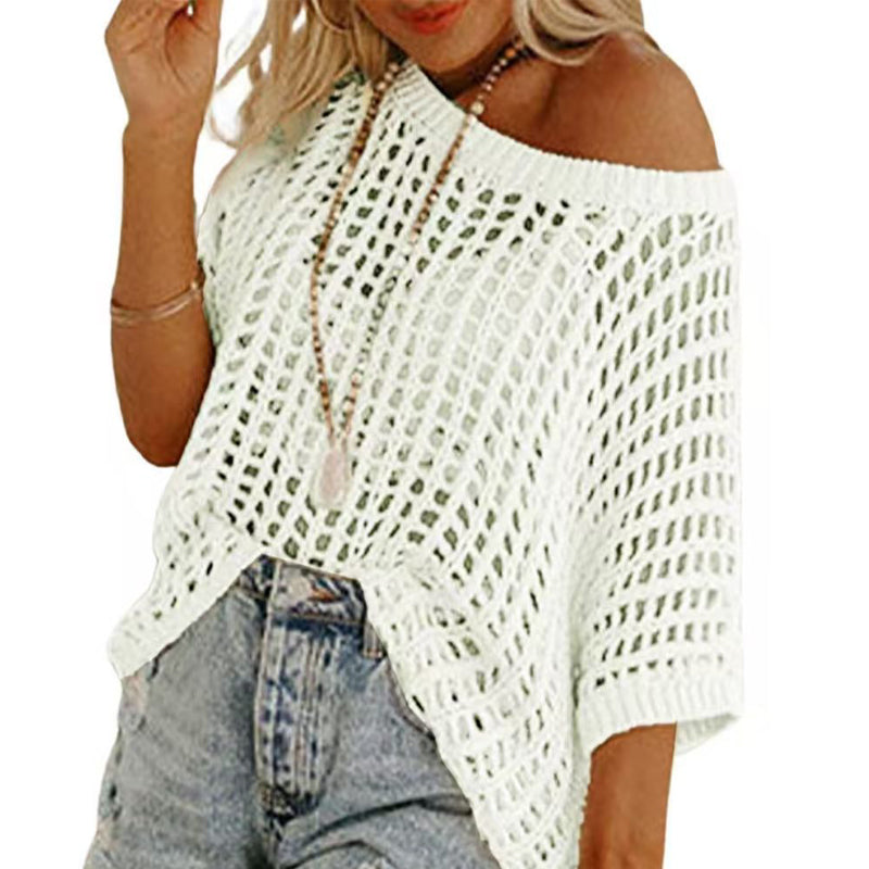 💥Prijs van de week special 💥Womens Summer Scoop Neck ShortSleeve Sweater Casual Crochet Hollow Out KnitTops