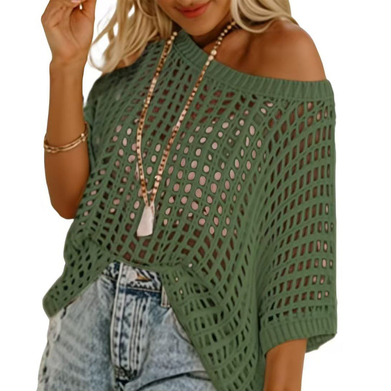 💥Prijs van de week special 💥Womens Summer Scoop Neck ShortSleeve Sweater Casual Crochet Hollow Out KnitTops