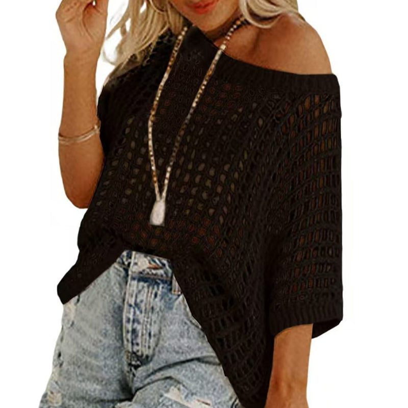 💥Prijs van de week special 💥Womens Summer Scoop Neck ShortSleeve Sweater Casual Crochet Hollow Out KnitTops