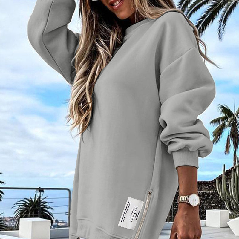 🔥 Lange Mouw Pullover met Rits Slit – Casual Sweatshirt Jurk voor Dames