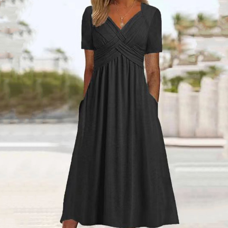 ๐ V-hals lange jurk met korte mouwen โ elegant, comfortabel en perfect voor elke gelegenheid. โจ