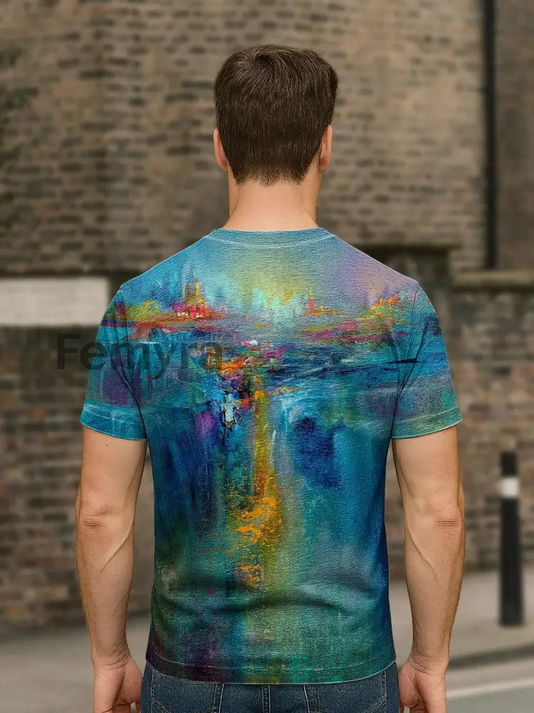 Unisex Vintage Abstract Waterval Schilderij Print Casual Los T-Shirt