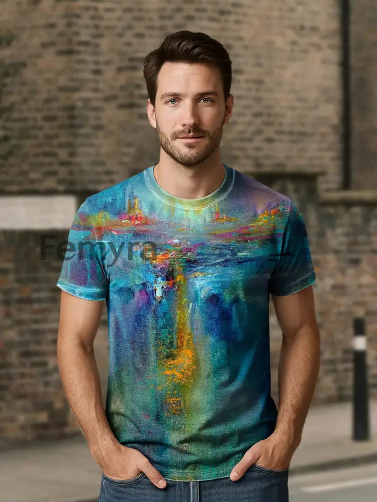 Unisex Vintage Abstract Waterval Schilderij Print Casual Los T-Shirt