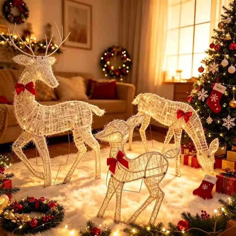 🎄🦌LED-kerstrendierenset met strik – decoratieve rendierfamilie voor binnen en buiten