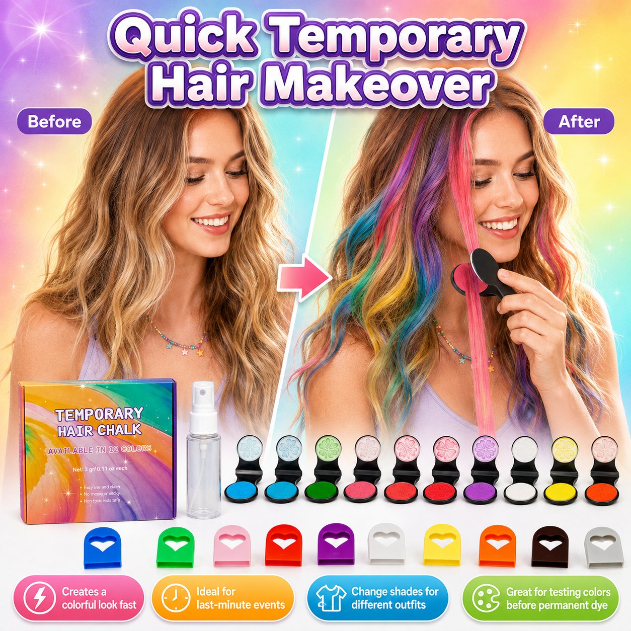 🌈 50% korting! 12-kleuren haarkrijt set – tijdelijke kleur, wasbaar & eenvoudig aan te brengen. Perfect voor feesten & festivals! 🎨✨