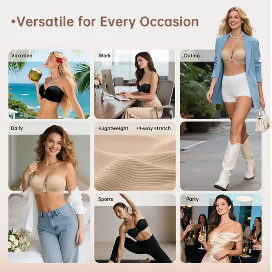 Women’s Strapless Front-Fastening Bra & Pushing-Up Bra 🌸 Padded 🌙 Cup-Enhancing 🎀 Non-slip design & Removable straps 👚 Suitable for all kinds of outfits 🕊️ Wire-free 💧 Seamless