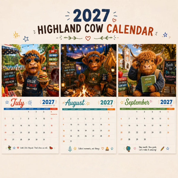🐮✨ 2027 Grappige Hooglandrund Kalender – A4 Wandkalender met Unieke Illustraties