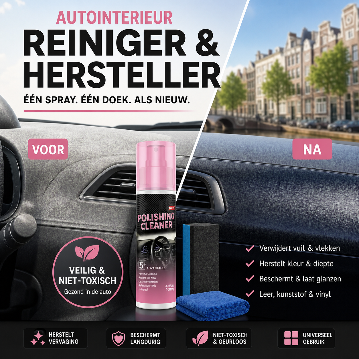 🚗✨ 50% korting! Auto-interieur reiniger – 🧼 verwijdert stof & vuil, 🌿 beschermt tegen UV, 💎 laat dashboard stralen!