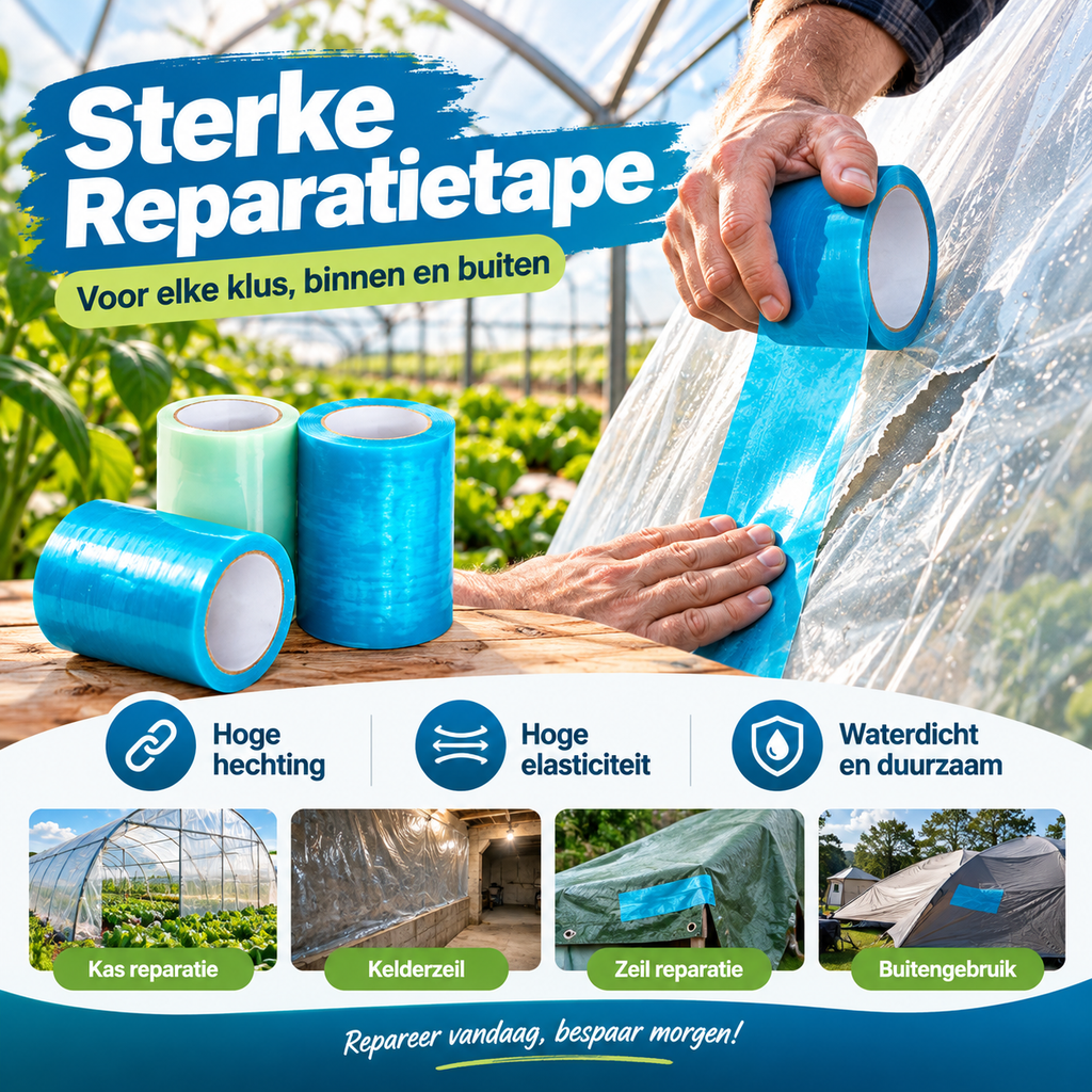 🌱 50% korting! Kasreparatietape – 6 mil dik, waterdicht & 30 jaar UV-bestendig. 50 m lang, 5-30 cm breed – voor kas, glas & folie! ✨🔧