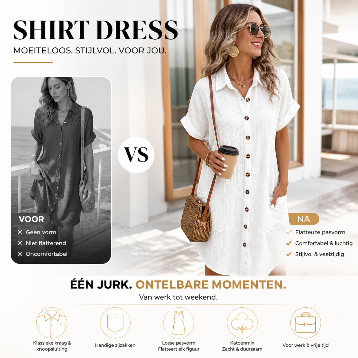 ✨Zomerse halflange jurk voor dames – luchtig, flatterend en nonchalant elegant! Lichte jurk met knoopsluiting en zakken☀️