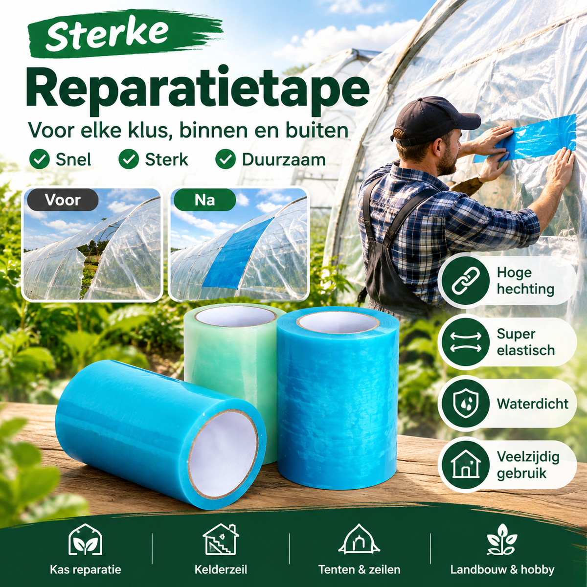 🌱 50% korting! Kasreparatietape – 6 mil dik, waterdicht & 30 jaar UV-bestendig. 50 m lang, 5-30 cm breed – voor kas, glas & folie! ✨🔧