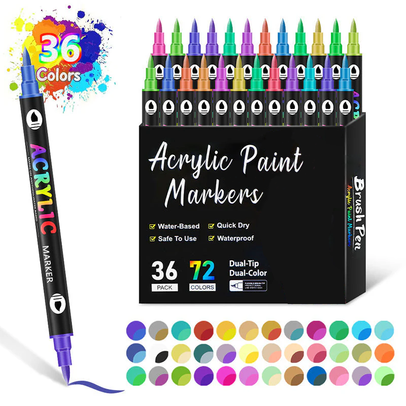 🎅Kerstuitverkoop 50% KORTING!!🎄Dual Tip Acrylverfstift - Fijne & Kwastpunt voor Canvas, Hout & Steenschilderen 🎨🌈