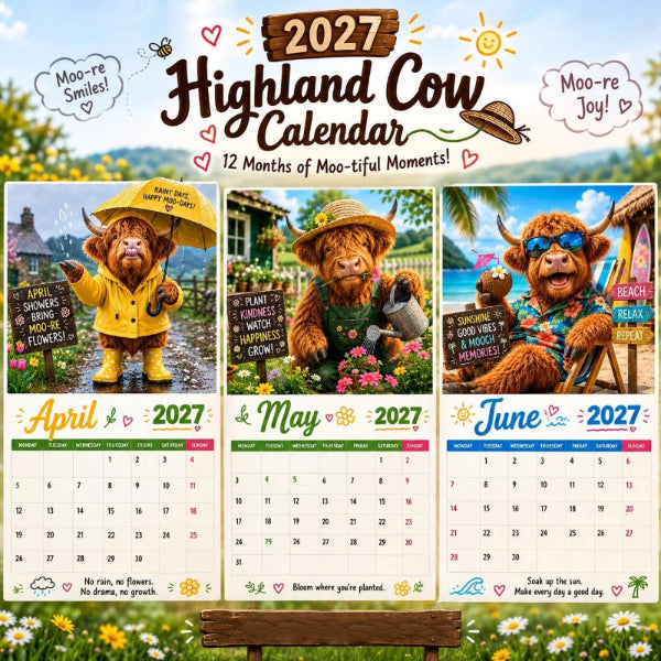 🐮✨ 2027 Grappige Hooglandrund Kalender – A4 Wandkalender met Unieke Illustraties