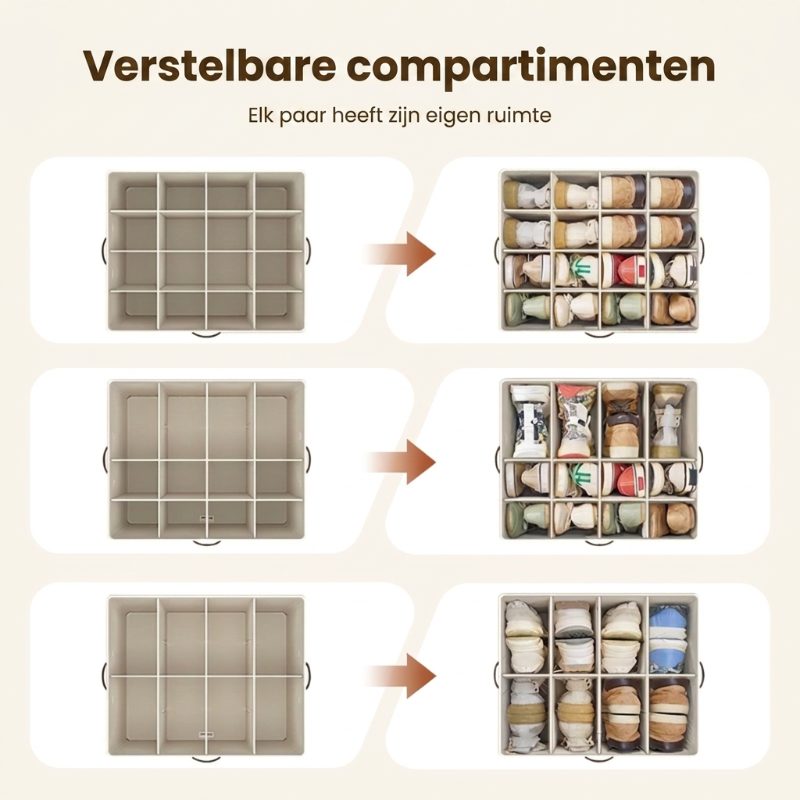 👟 Compacte schoenenkist voor 16 paar – stofdicht, verstelbaar en opvouwbaar, ideaal voor kleine ruimtes.