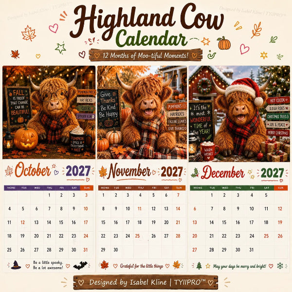 🐮✨ 2027 Grappige Hooglandrund Kalender – A4 Wandkalender met Unieke Illustraties