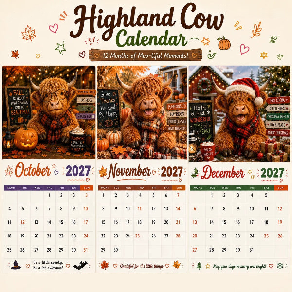 🐮✨ 2027 Grappige Hooglandrund Kalender – A4 Wandkalender met Unieke Illustraties