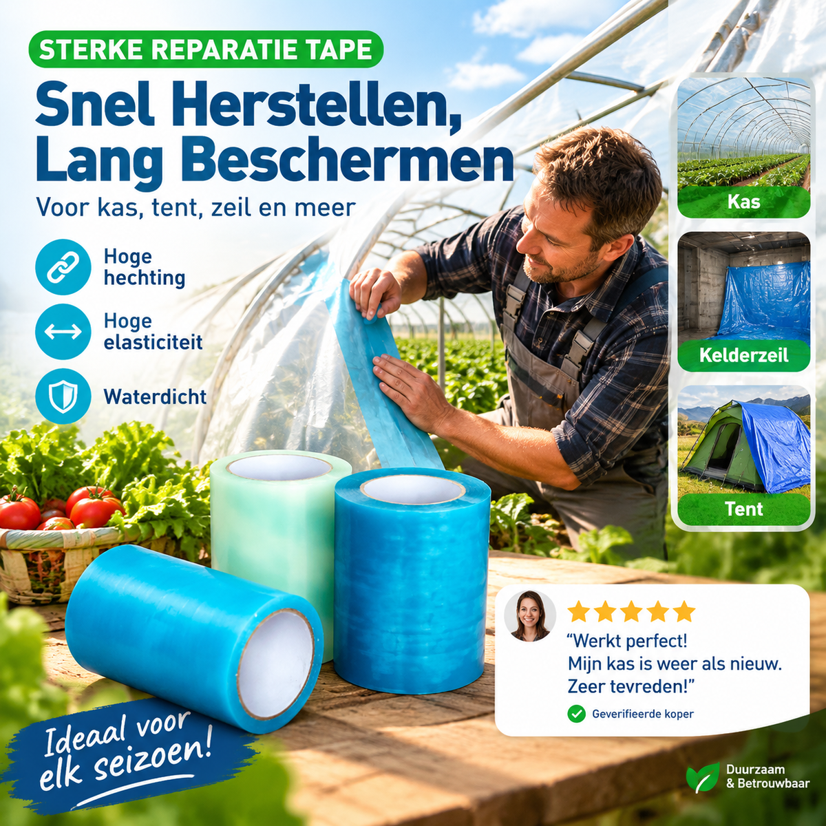 🌱 50% korting! Kasreparatietape – 6 mil dik, waterdicht & 30 jaar UV-bestendig. 50 m lang, 5-30 cm breed – voor kas, glas & folie! ✨🔧