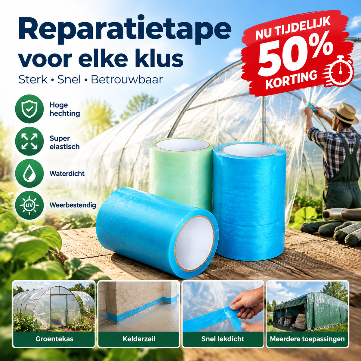 🌱 50% korting! Kasreparatietape – 6 mil dik, waterdicht & 30 jaar UV-bestendig. 50 m lang, 5-30 cm breed – voor kas, glas & folie! ✨🔧