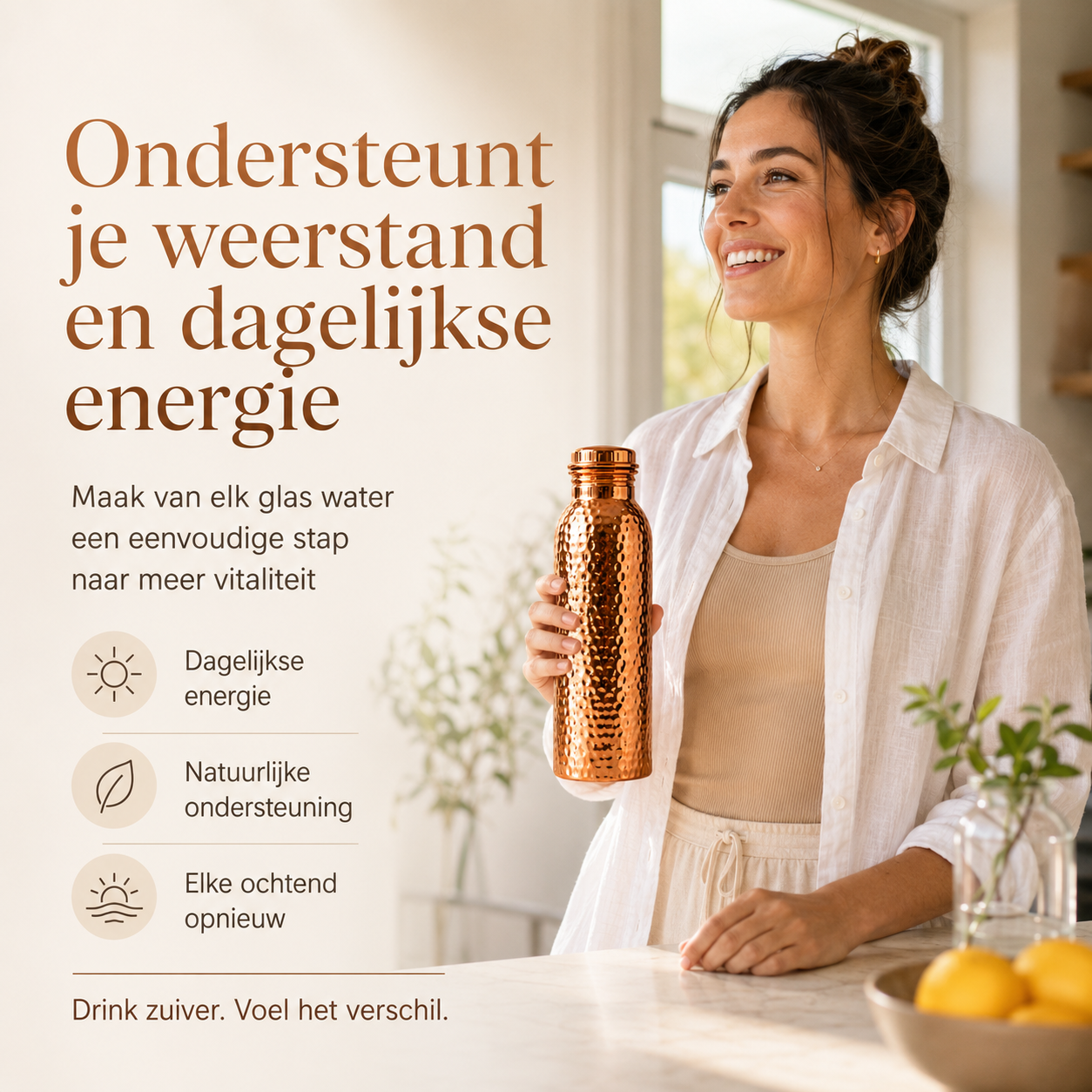 ❄️50% Korting!💧Premium Drinkfles van 100% Massief Koper – Plasticvrij en Geïnspireerd op Ayurveda