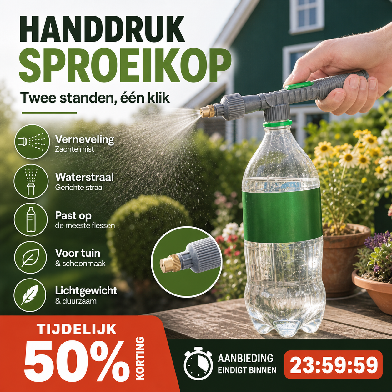 💧 50% korting! Verstelbare flesverstuiver – fijne nevel tot krachtige straal, geschikt voor water en planten.