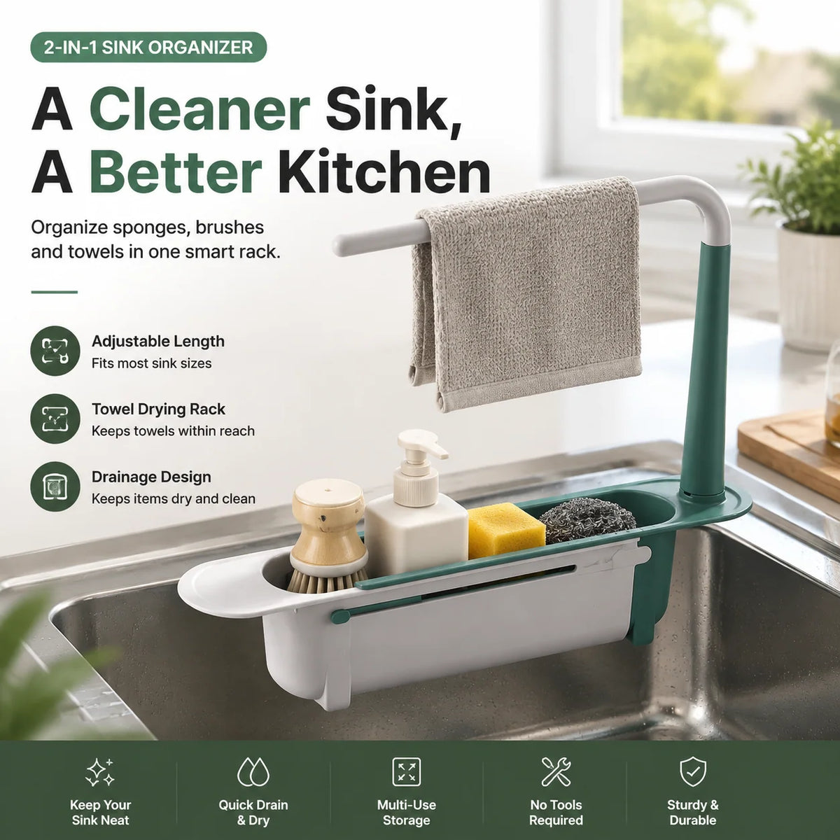 🚰 50% korting! Draagbare gootsteen organizer – verstelbaar 32-45 cm, multifunctioneel & ruimtebesparend. Houd je aanrecht schoon & netjes – eenvoudig opzij te zetten! ✨🧽