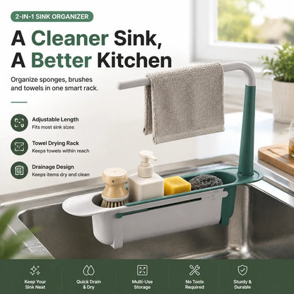 🚰 50% korting! Draagbare gootsteen organizer – verstelbaar 32-45 cm, multifunctioneel & ruimtebesparend. Houd je aanrecht schoon & netjes – eenvoudig opzij te zetten! ✨🧽