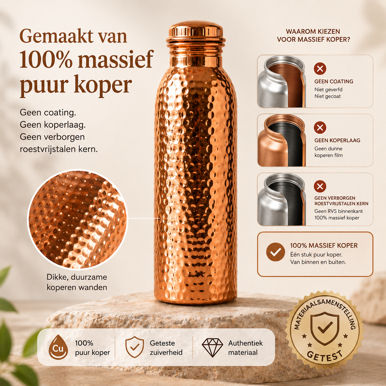 ❄️50% Korting!💧Premium Drinkfles van 100% Massief Koper – Plasticvrij en Geïnspireerd op Ayurveda