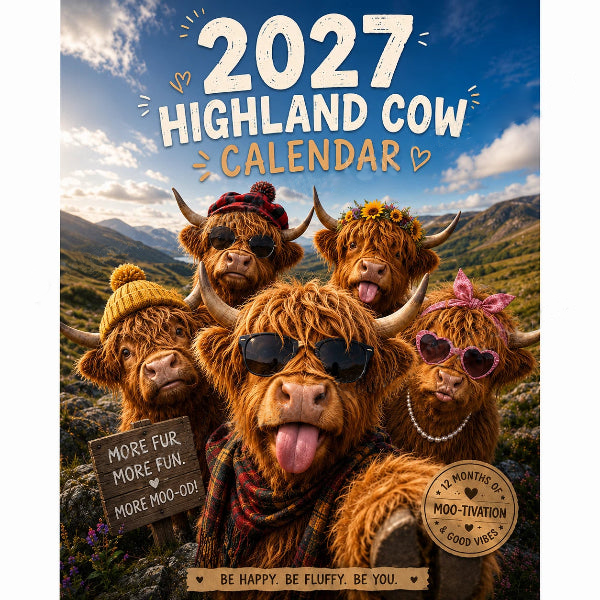 🐮✨ 2027 Grappige Hooglandrund Kalender – A4 Wandkalender met Unieke Illustraties