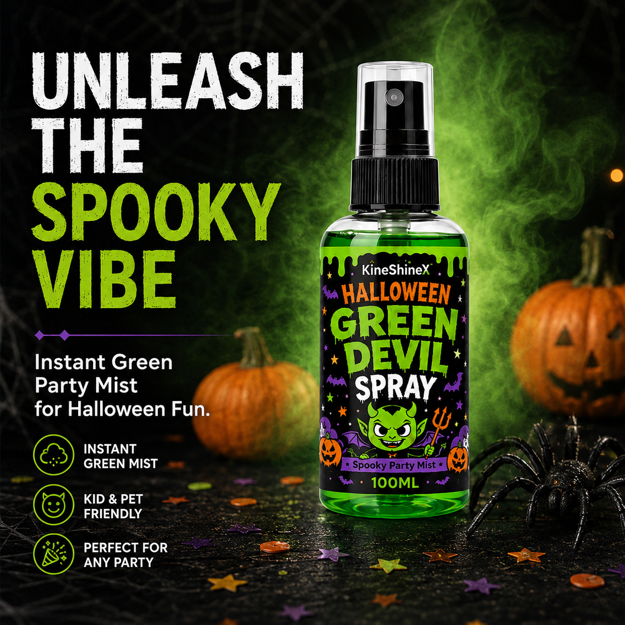 👾 50% korting! Groene demon mistspray – creëert griezelige sfeer in 1 minuut. Perfect voor Halloween feestjes & decoratie! 🎃💨