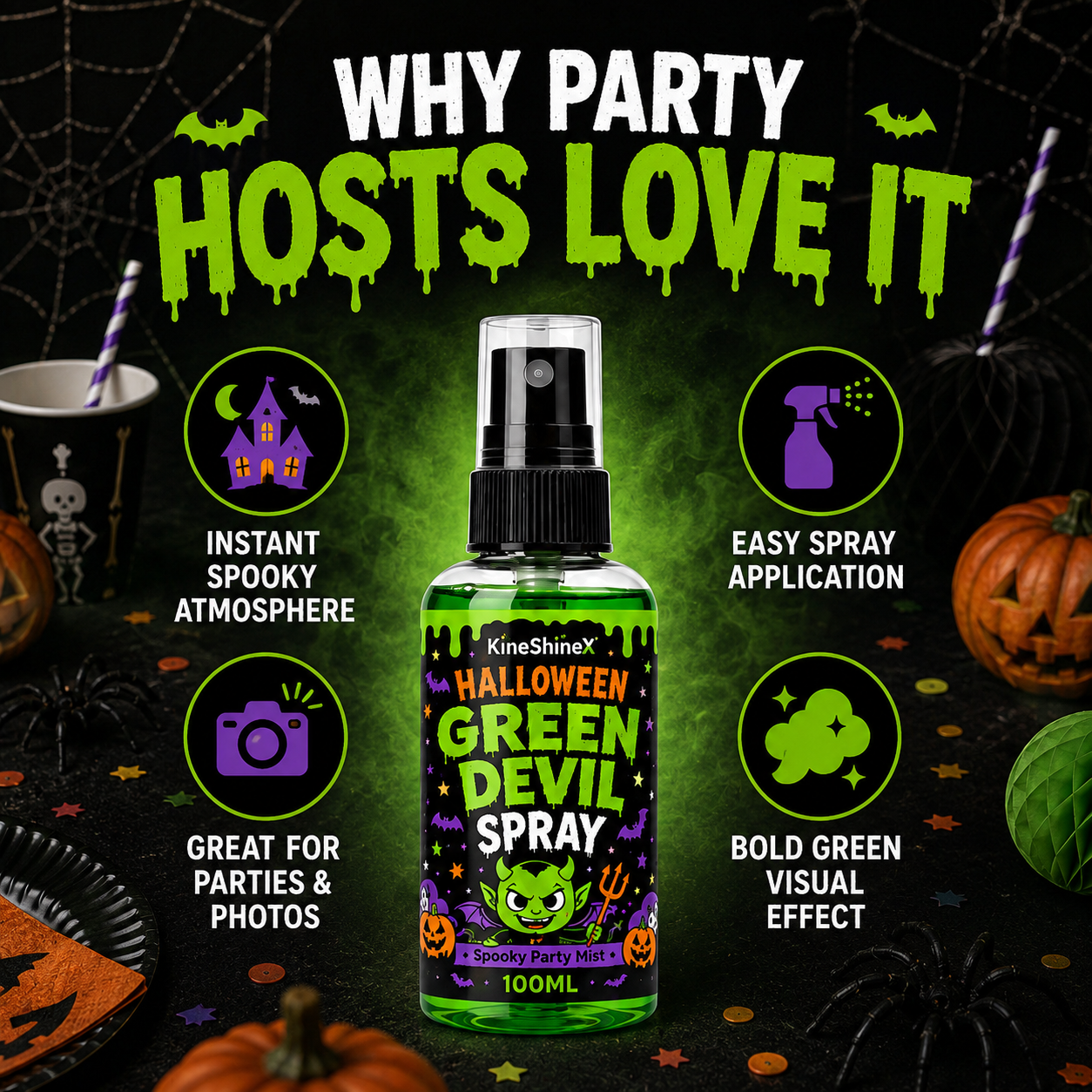 👾 50% korting! Groene demon mistspray – creëert griezelige sfeer in 1 minuut. Perfect voor Halloween feestjes & decoratie! 🎃💨