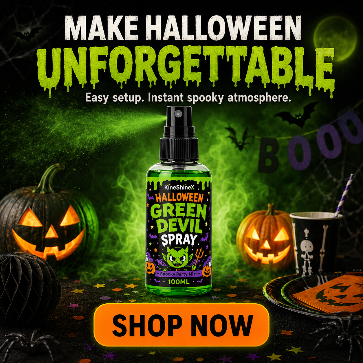 👾 50% korting! Groene demon mistspray – creëert griezelige sfeer in 1 minuut. Perfect voor Halloween feestjes & decoratie! 🎃💨