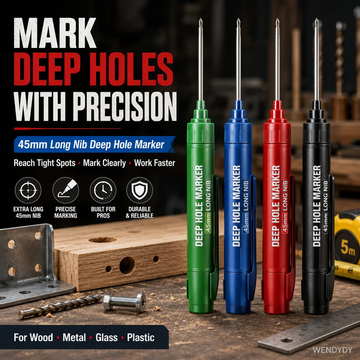 🖊️ 50% korting! Diepgatmarker met 45 mm punt – waterbestendig, sneldrogend & 72 uur zonder dop. Ingebouwde liniaal & klem – voor bouw & montage! ✨🔧