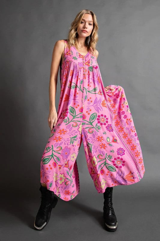 2024 Nieuwe grote maat vintage bloemenprint losse mouwloze jumpsuit