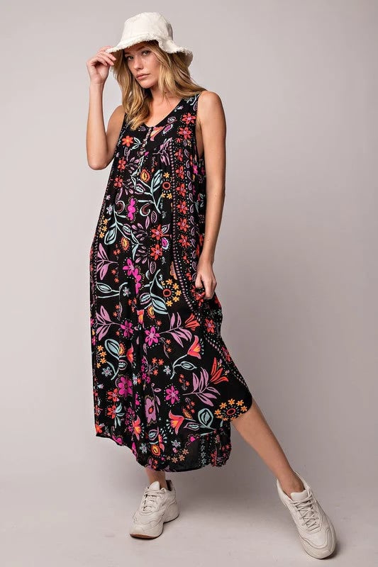 2024 Nieuwe grote maat vintage bloemenprint losse mouwloze jumpsuit