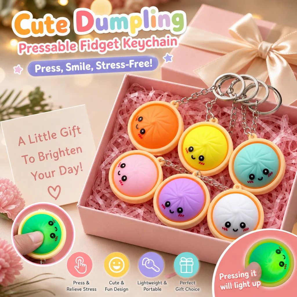 🔥 LAATSTE DAG – 50% KORTING! 🔥 🥟 Schattige Dumpling Knijpbare Fidget Sleutelhanger – met aanraakgevoelig licht ✨