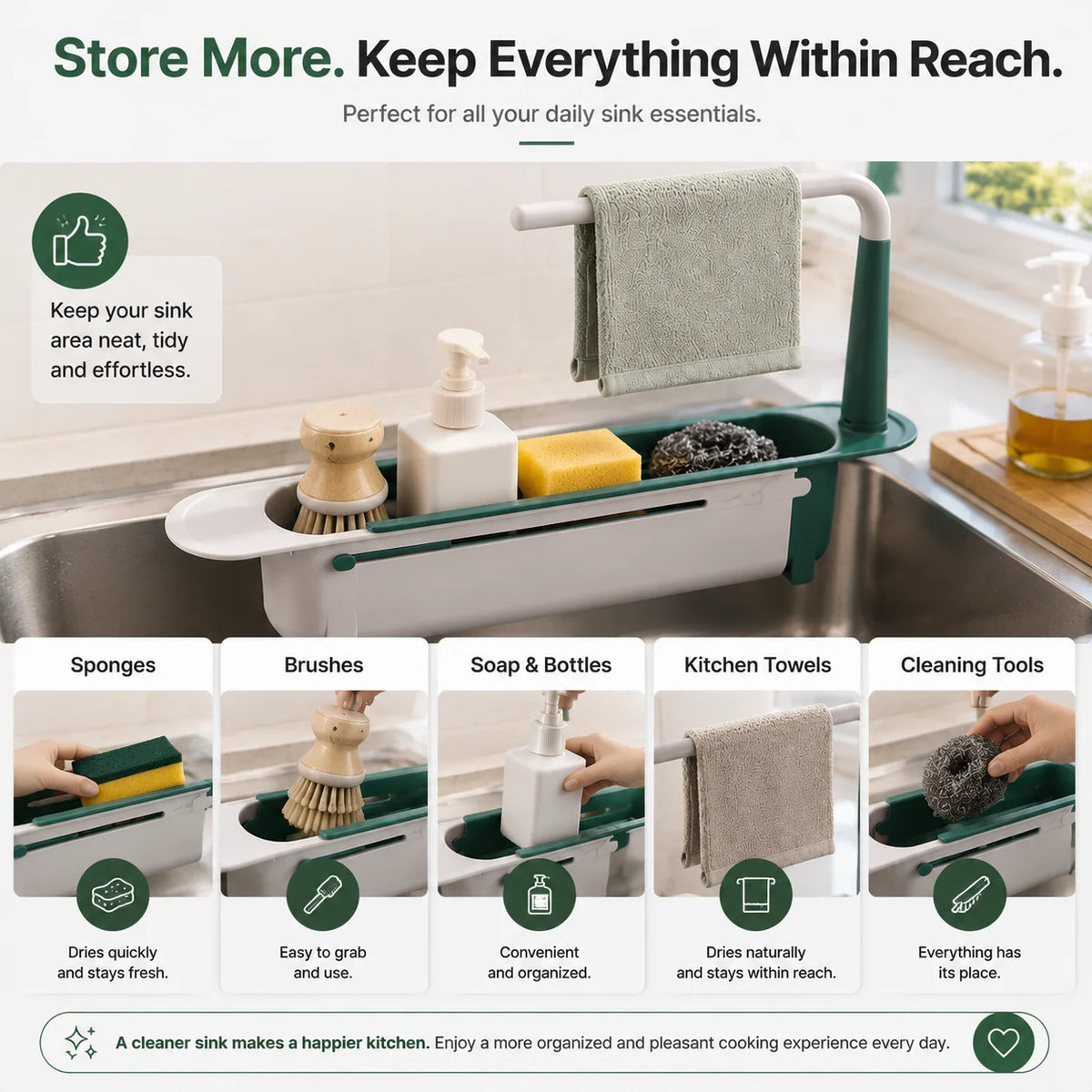 🚰 50% korting! Draagbare gootsteen organizer – verstelbaar 32-45 cm, multifunctioneel & ruimtebesparend. Houd je aanrecht schoon & netjes – eenvoudig opzij te zetten! ✨🧽