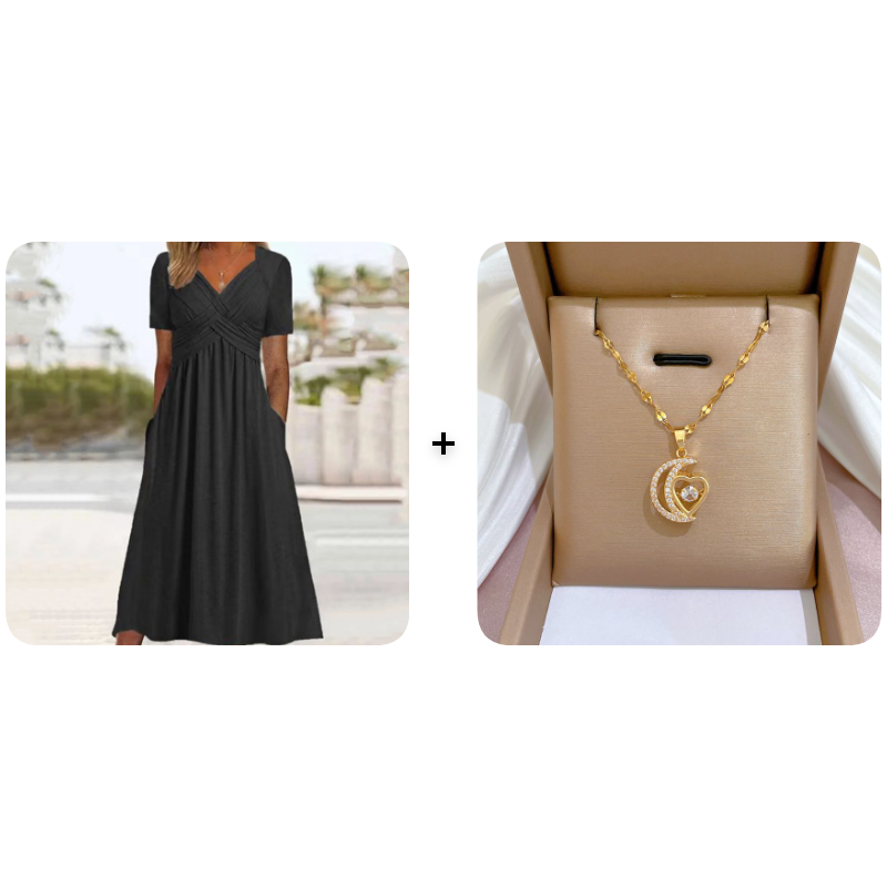 👗 V-hals lange jurk met korte mouwen – elegant, comfortabel en perfect voor elke gelegenheid. ✨