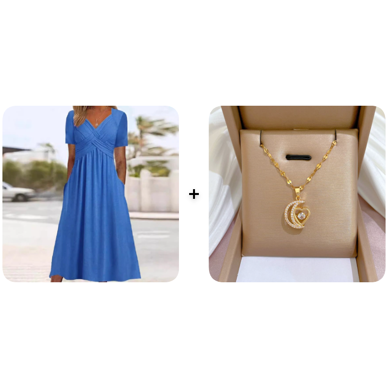 👗 V-hals lange jurk met korte mouwen – elegant, comfortabel en perfect voor elke gelegenheid. ✨