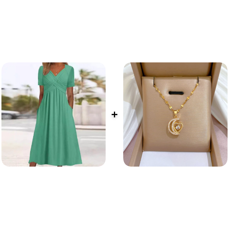 👗 V-hals lange jurk met korte mouwen – elegant, comfortabel en perfect voor elke gelegenheid. ✨