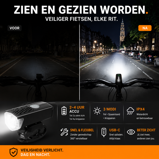 🚴 Oplaadbare, waterdichte fietskoplamp met clip – urenlang zichtbaar, veilig in elke regenbui.