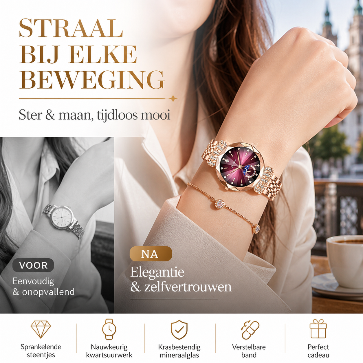 🎀60% KORTING Nieuwjaarsuitverkoop🎀 Modieuze Diamant Maan en Ster Horloge voor Dames