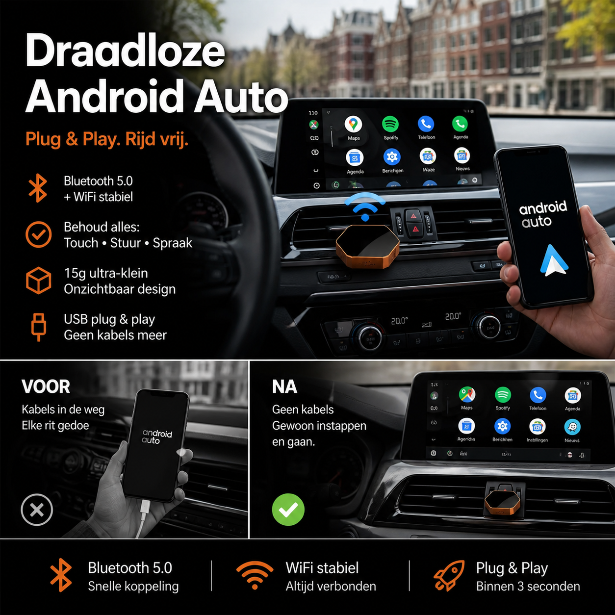 🚗📱 50% korting! Draadloze Android Auto adapter – 📲 automatisch verbinden, ⚡ plug & play, 🧳 compact – geen kabels meer!