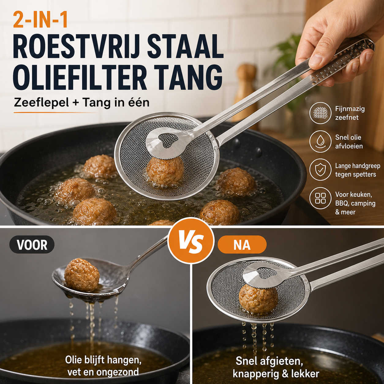 🍳 50% korting! 2-in-1 keukentang – schep & filter in 1. Roestvrij staal, ideaal voor frituren, zeven & opscheppen. 💪✨